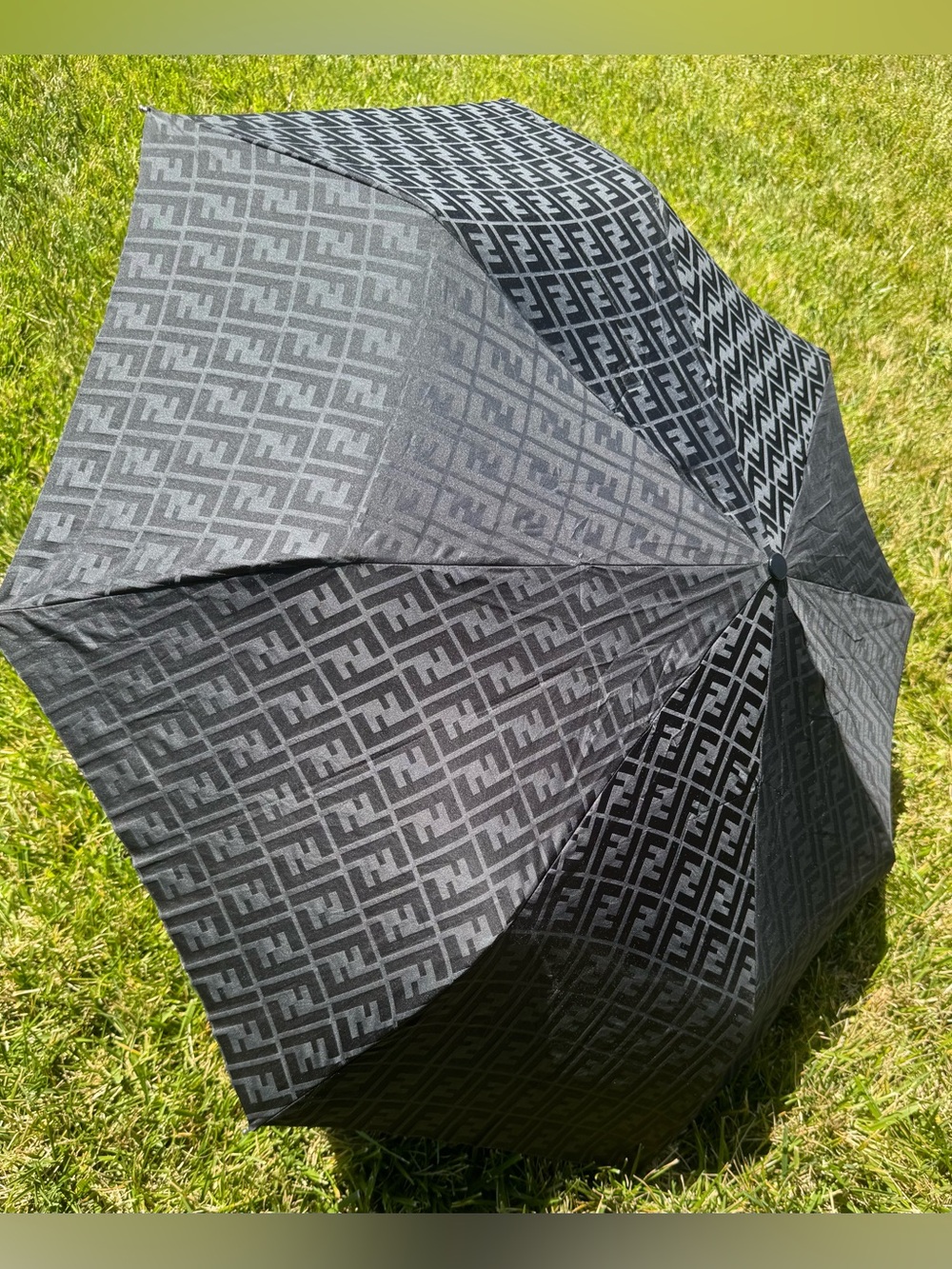 Fendi Vintage FF Zucca Compact Folding Umbrella Black Made in Italy